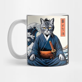 Vaporwave Samurai Cat Great Wave Off Kanagawa Mug